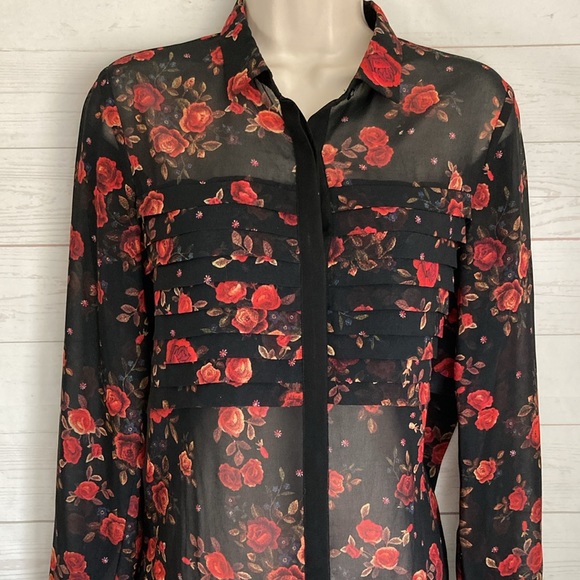 The Kooples Size XXS Romantic Floral Print Black Sheer button front Blouse - Picture 4 of 9